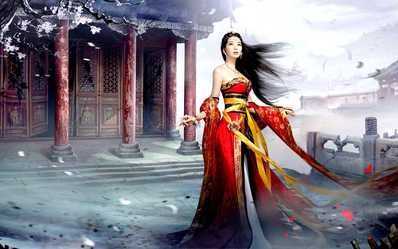 Woman in Red Dress — Dramatic, Spring, Digital Art, Ancient Building