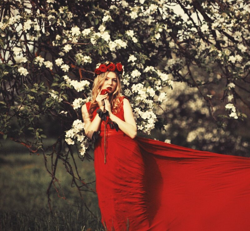 Woman in Red Dress — Dramatic, Spring, Photograph, Flower Crown