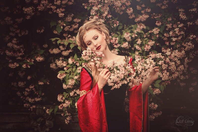 Woman in Red Dress — Dramatic, Spring, Photograph, Flowers