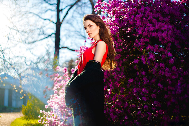 Woman in Red Dress — Dramatic, Spring, Photograph, Flowers, Trees
