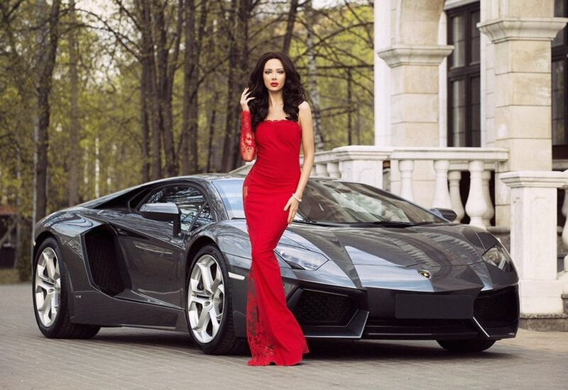 Woman in Red Dress — Dramatic, Spring, Photograph, Sports Car