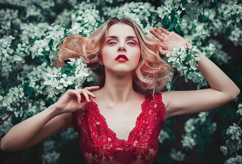 Woman in Red Dress — Dramatic, Spring, Photograph, White Flowers