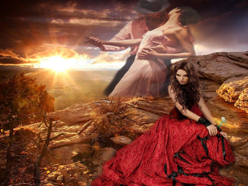 Woman in Red Dress — Dramatic, Sunrise