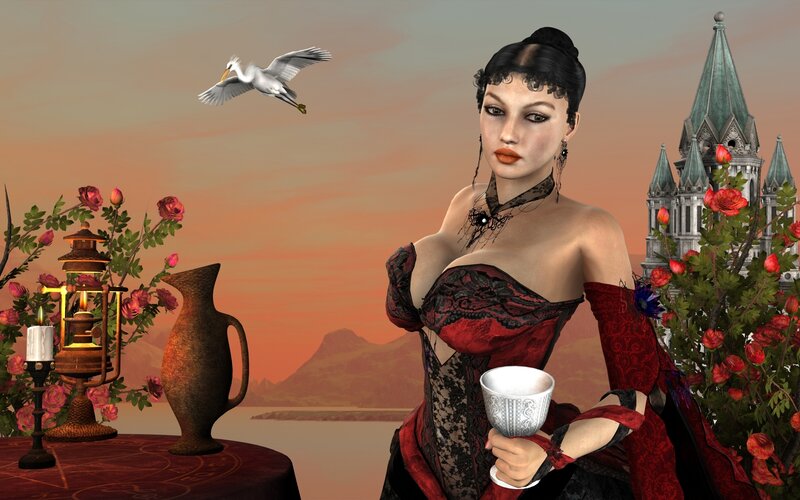 Woman in Red Dress — Dramatic, Sunset, 3d Render