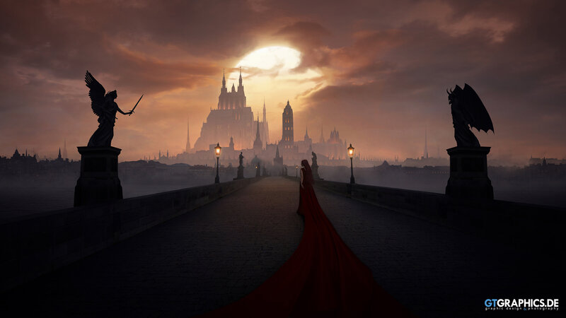 Woman in Red Dress — Dramatic, Sunset, Digital Art, Angel Statue