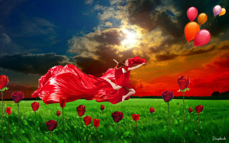 Woman in Red Dress — Dramatic, Sunset, Digital Art, Balloons