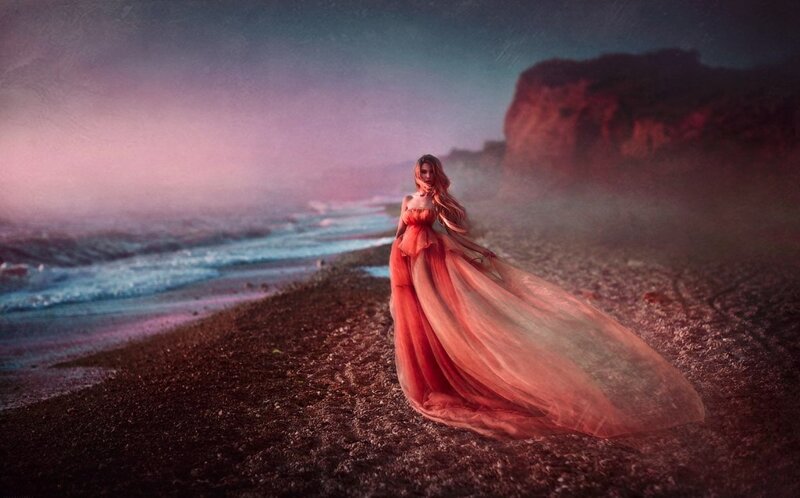Woman in Red Dress — Dramatic, Sunset, Digital Art, Beach, Ocean, Cliff
