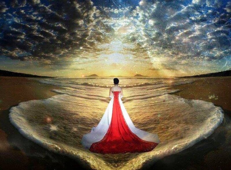 Woman in Red Dress — Dramatic, Sunset, Digital Art, Beach, Ocean, Sky