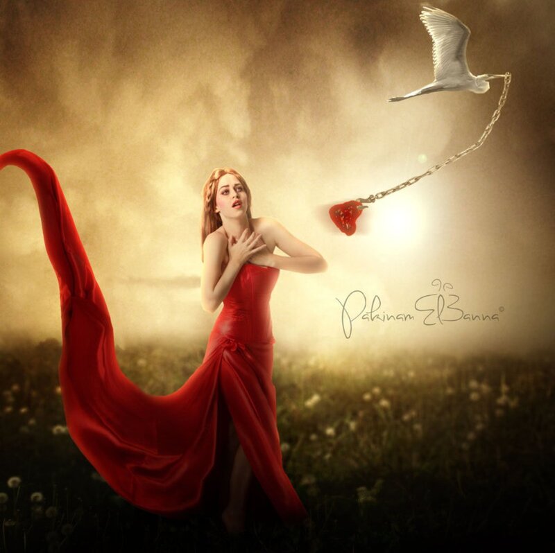 Woman in Red Dress — Dramatic, Sunset, Digital Art, Bird, Heart