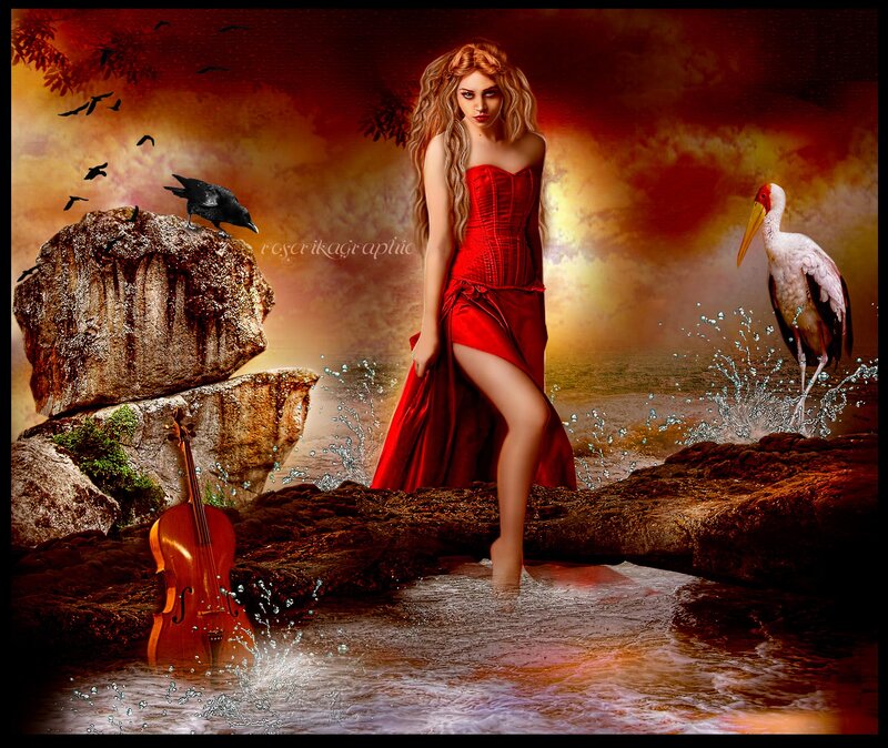 Woman in Red Dress — Dramatic, Sunset, Digital Art, Bird, Violin