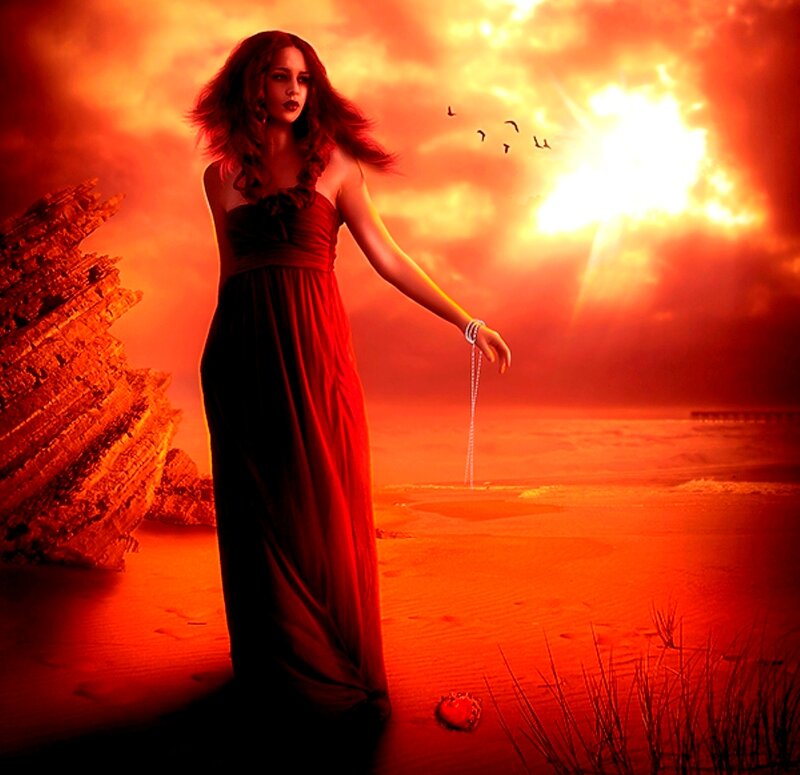 Woman in Red Dress — Dramatic, Sunset, Digital Art, Birds