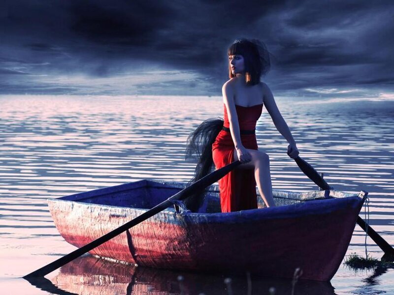 Woman in Red Dress — Dramatic, Sunset, Digital Art, Boat