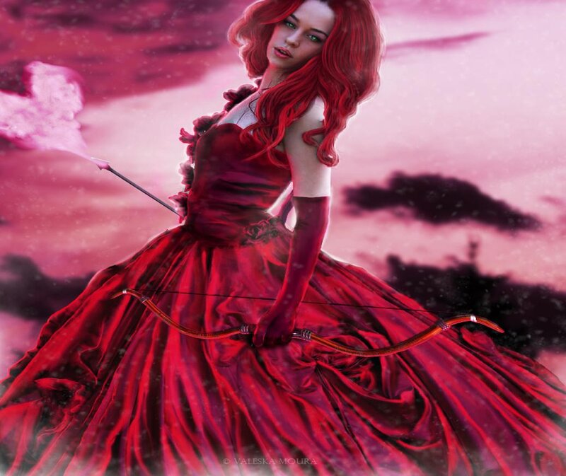Woman in Red Dress — Dramatic, Sunset, Digital Art, Bow and Arrow