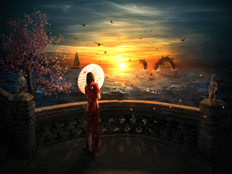 Woman in Red Dress — Dramatic, Sunset, Digital Art, Cherry Blossom Tree, Dragon, Sailboat