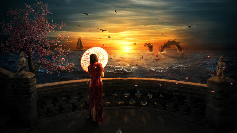 Woman in Red Dress — Dramatic, Sunset, Digital Art, Cherry Blossom Tree, Dragon