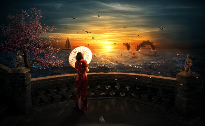 Woman in Red Dress — Dramatic, Sunset, Digital Art, Cherry Blossom Tree