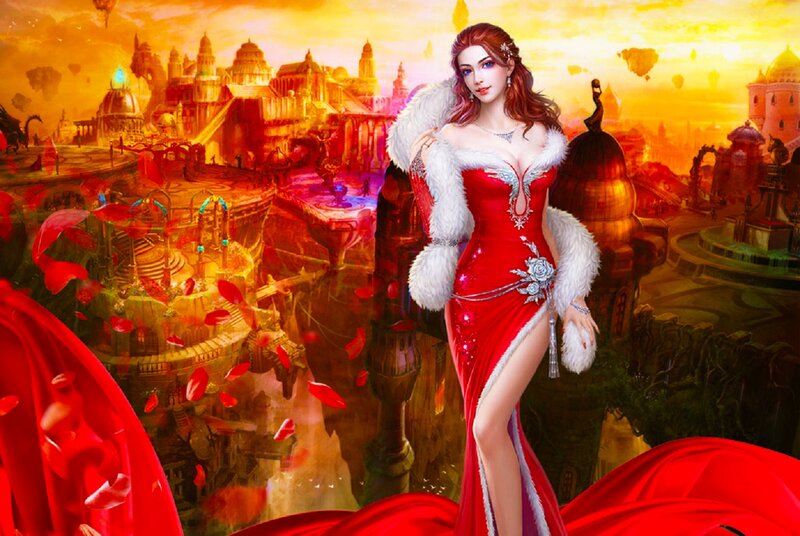 Woman in Red Dress — Dramatic, Sunset, Digital Art, Cityscape, Rose Petals
