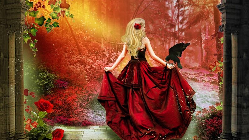 Woman in Red Dress — Dramatic, Sunset, Digital Art, Crow, Rose, Forest
