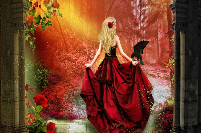 Woman in Red Dress — Dramatic, Sunset, Digital Art, Crow, Rose