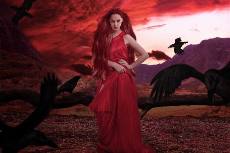 Woman in Red Dress — Dramatic, Sunset, Digital Art, Crows, Mountains