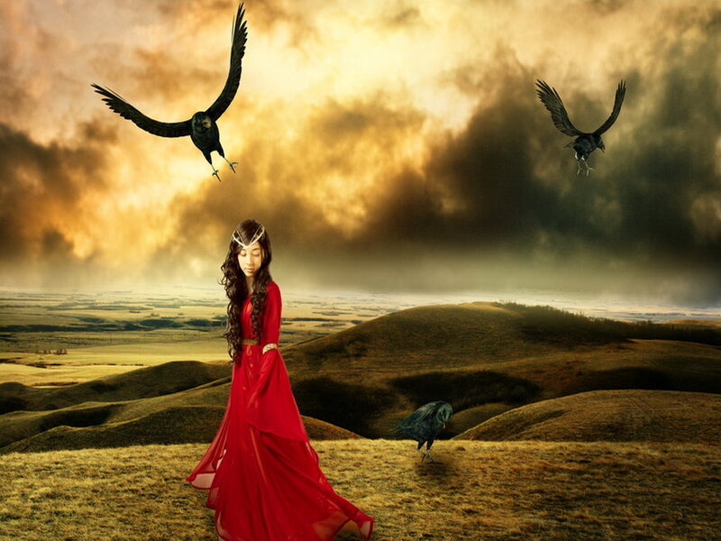 Woman in Red Dress — Dramatic, Sunset, Digital Art, Crows