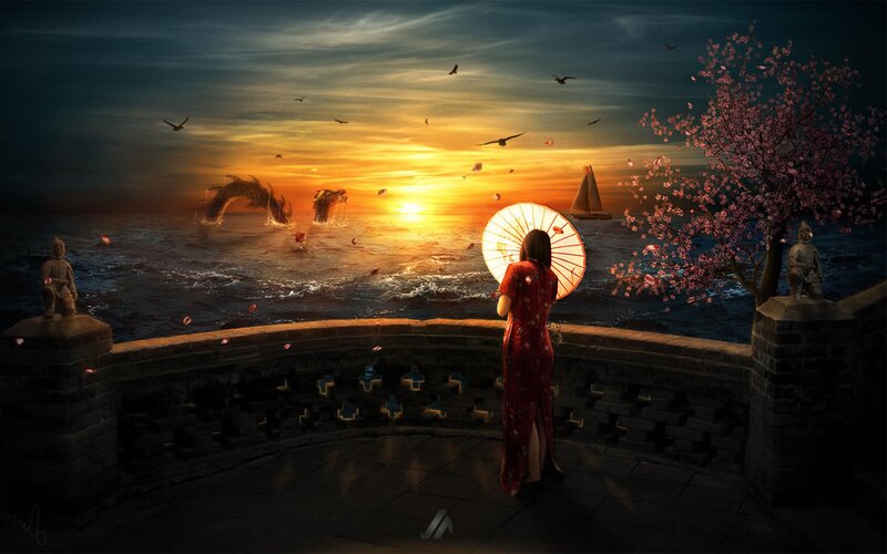 Woman in Red Dress — Dramatic, Sunset, Digital Art, Dragon, Cherry Blossom Tree