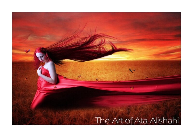 Woman in Red Dress — Dramatic, Sunset, Digital Art, Field, Birds