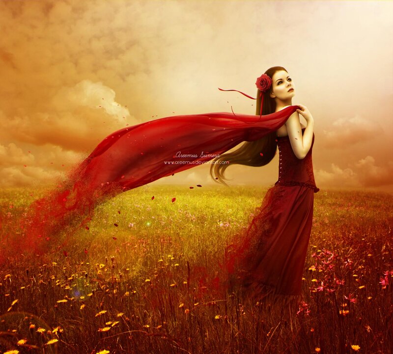 Woman in Red Dress — Dramatic, Sunset, Digital Art, Field, Rose