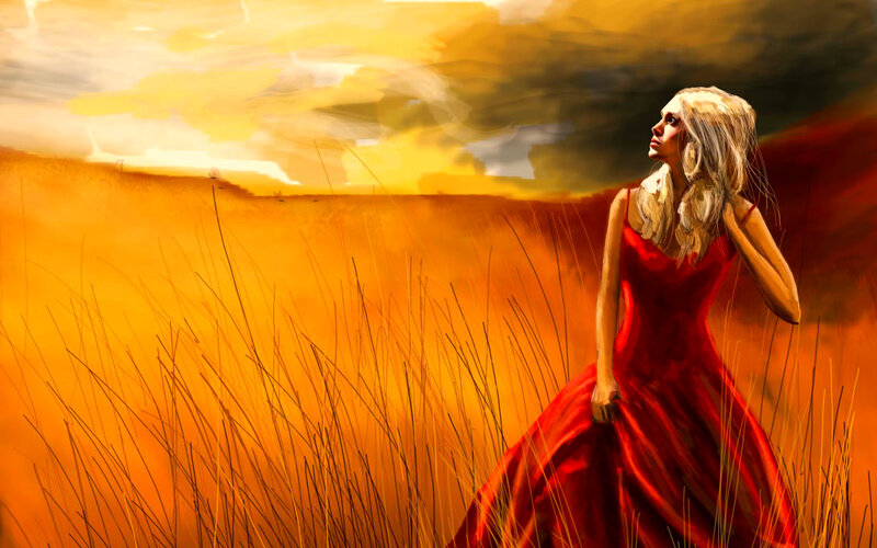 Woman in Red Dress — Dramatic, Sunset, Digital Art, Field, Sky, Grass
