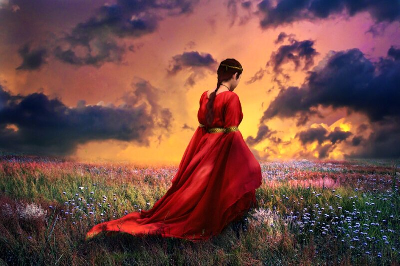 Woman in Red Dress — Dramatic, Sunset, Digital Art, Field, Sky