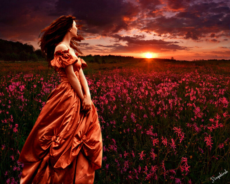 Woman in Red Dress — Dramatic, Sunset, Digital Art, Flower Field