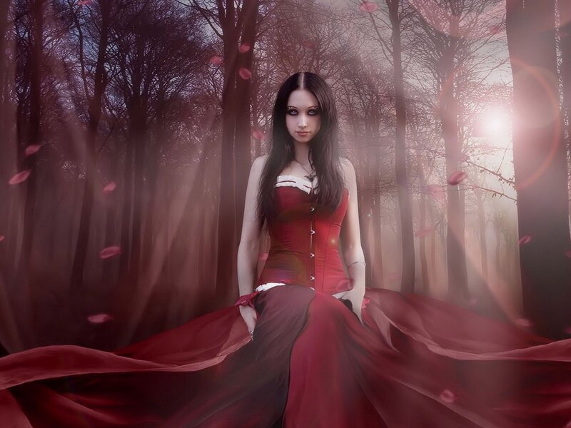 Woman in Red Dress — Dramatic, Sunset, Digital Art, Forest, Petals, Brown