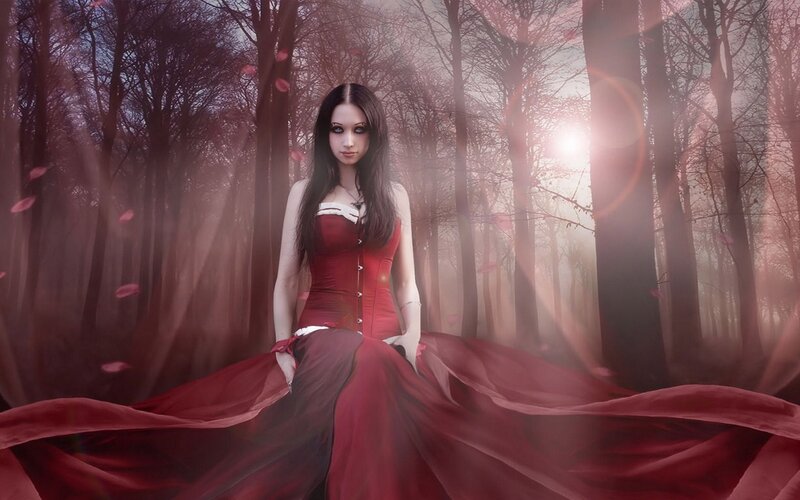 Woman in Red Dress — Dramatic, Sunset, Digital Art, Forest, Petals