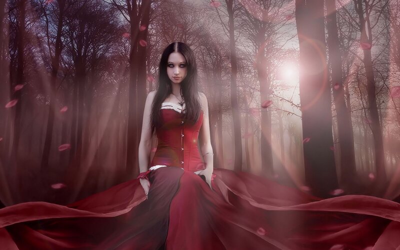 Woman in Red Dress — Dramatic, Sunset, Digital Art, Forest