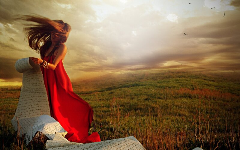 Woman in Red Dress — Dramatic, Sunset, Digital Art, Grass Field