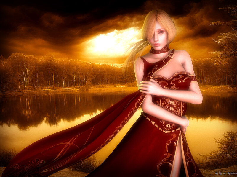 Woman in Red Dress — Dramatic, Sunset, Digital Art, Lake