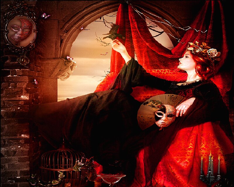 Woman in Red Dress — Dramatic, Sunset, Digital Art, Mask, Birdcage