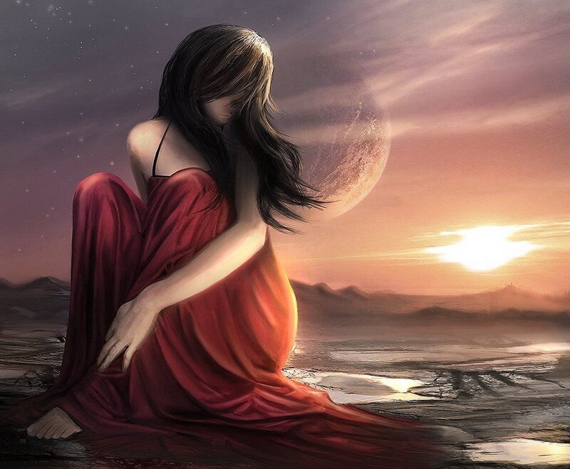 Woman in Red Dress — Dramatic, Sunset, Digital Art, Moon, Desert