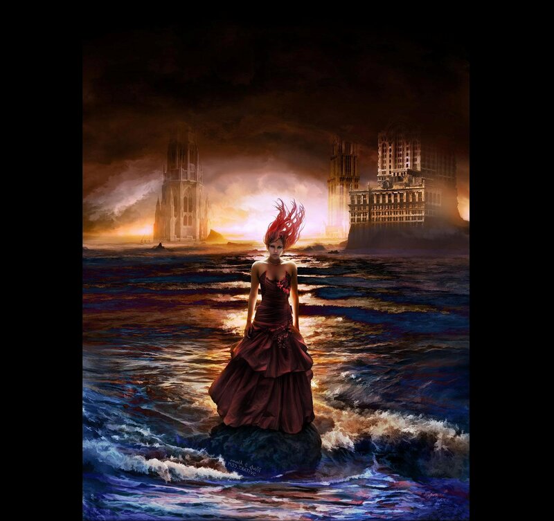 Woman in Red Dress — Dramatic, Sunset, Digital Art, Ocean, Buildings, Storm