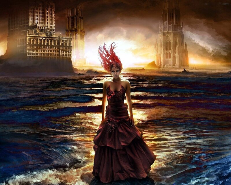 Woman in Red Dress — Dramatic, Sunset, Digital Art, Ocean, Ruins