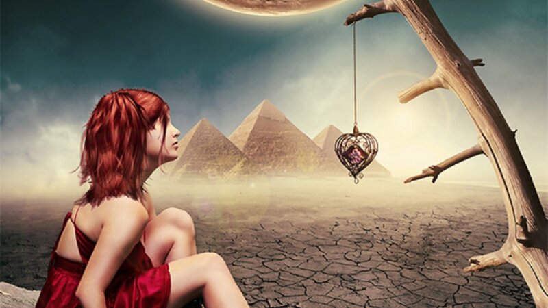 Woman in Red Dress — Dramatic, Sunset, Digital Art, Pyramids