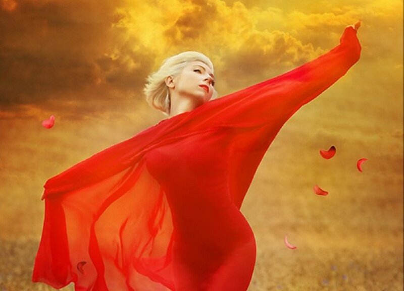 Woman in Red Dress — Dramatic, Sunset, Digital Art, Red Fabric