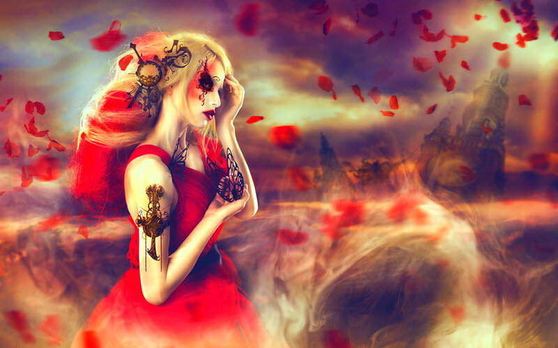 Woman in Red Dress — Dramatic, Sunset, Digital Art, Rose Petals
