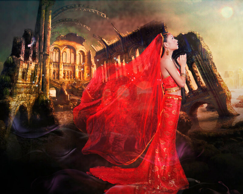 Woman in Red Dress — Dramatic, Sunset, Digital Art, Ruins