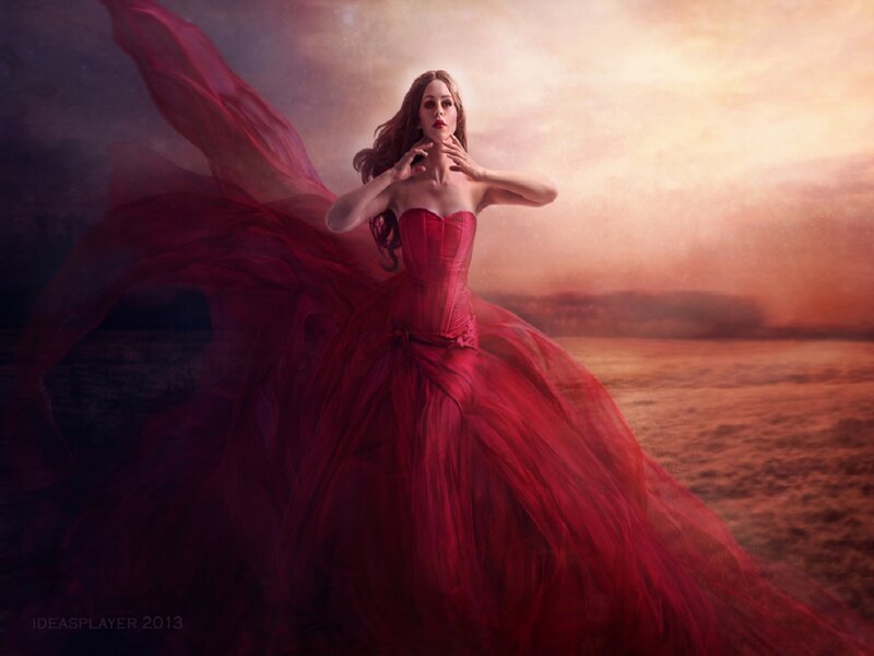 Woman in Red Dress — Dramatic, Sunset, Digital Art, Sky, Ocean
