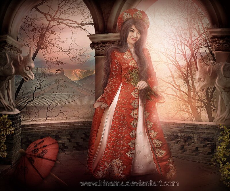 Woman in Red Dress — Dramatic, Sunset, Digital Art, Statue