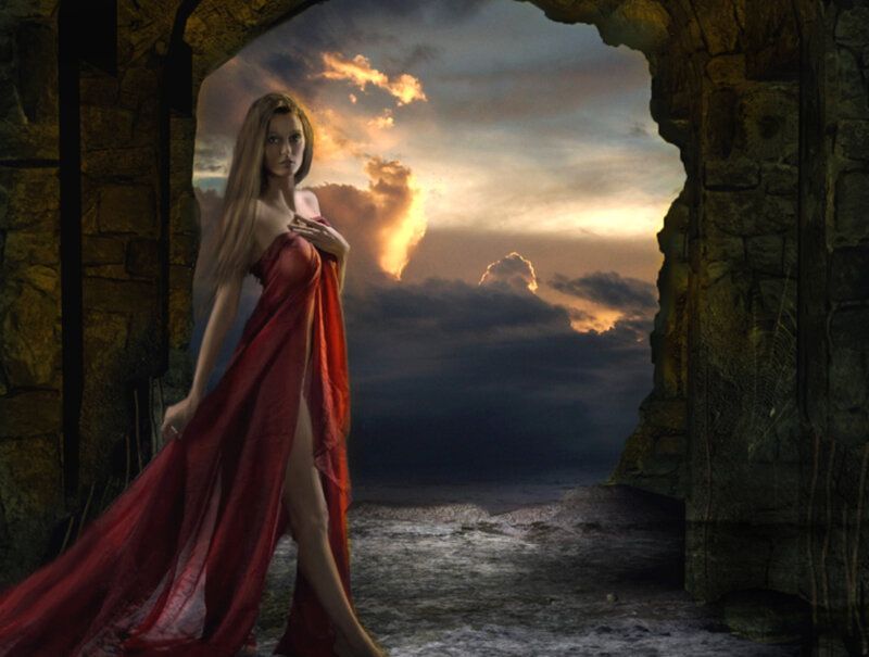 Woman in Red Dress — Dramatic, Sunset, Digital Art, Stone Archway