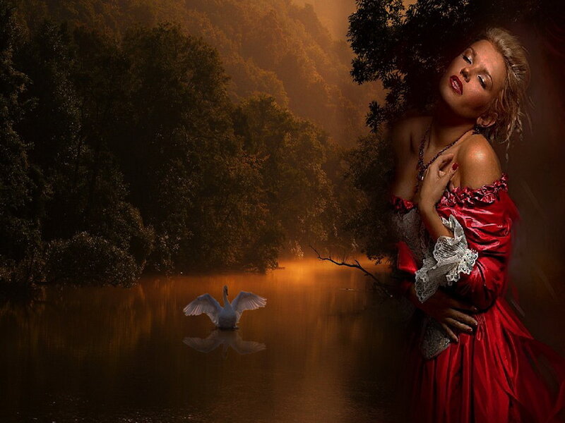 Woman in Red Dress — Dramatic, Sunset, Digital Art, Swan