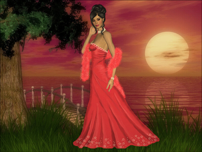 Woman in Red Dress — Dramatic, Sunset, Digital Art, Tree, Ocean