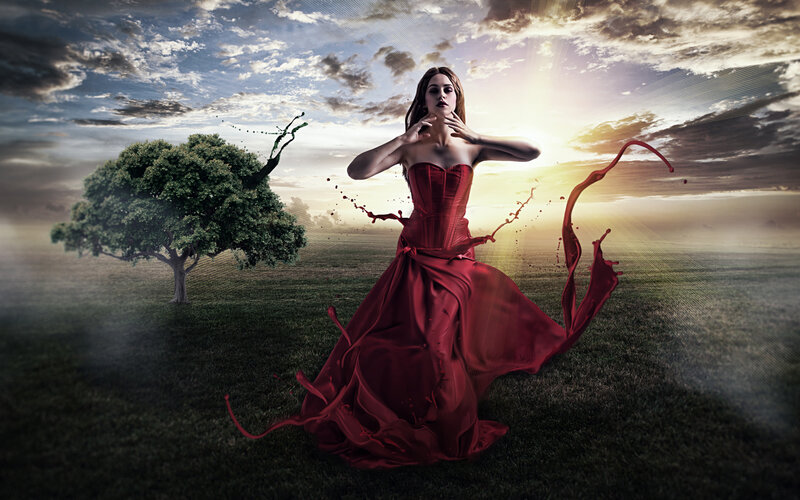 Woman in Red Dress — Dramatic, Sunset, Digital Art, Tree, Sky